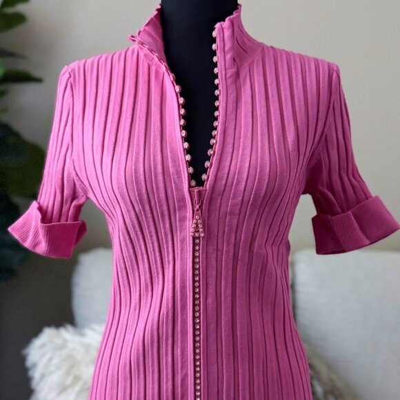 Belldini Sexy Pink Rhinestone Crystal Zipper Mock Neck Collared Shirt Medium M - Picture 1 of 6
